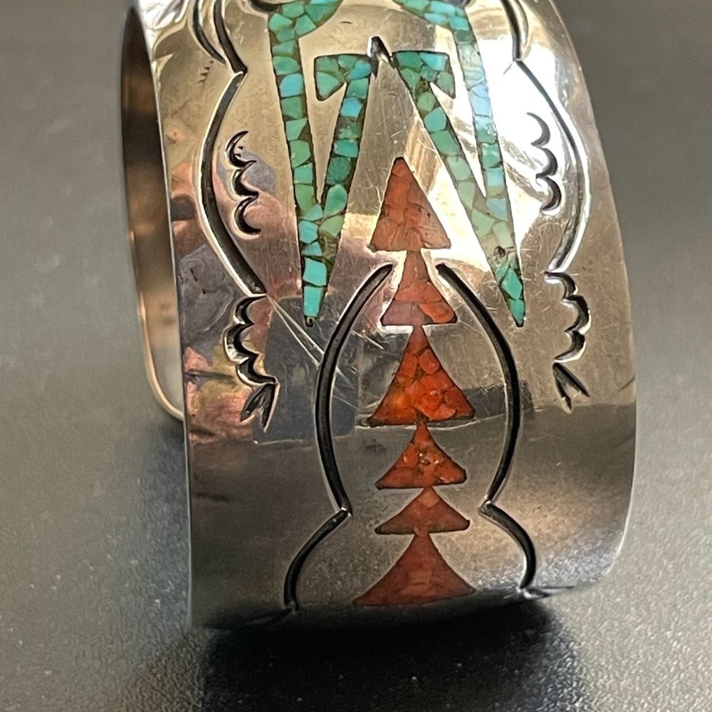 Vintage Silver Turquoise & Coral Inlay Cuff by Alfred Joe Navajo Tribe - Picture 4 of 16